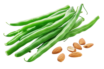 Fresh green beans and almonds showcase vibrant natural colors and textures in a bright kitchen setting during morning light isolated on transparent background