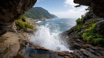 waterfall viewed from the plunge pool, spray droplets sparkling