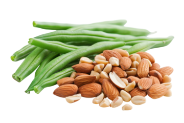 Fresh green beans paired with a variety of nuts create a vibrant and healthy snack ideal for any time of day isolated on transparent background
