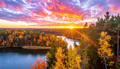 Dramatic autumn sunset over a colorful forest and winding river, showcasing a picturesque natural landscape with vibrant sky
