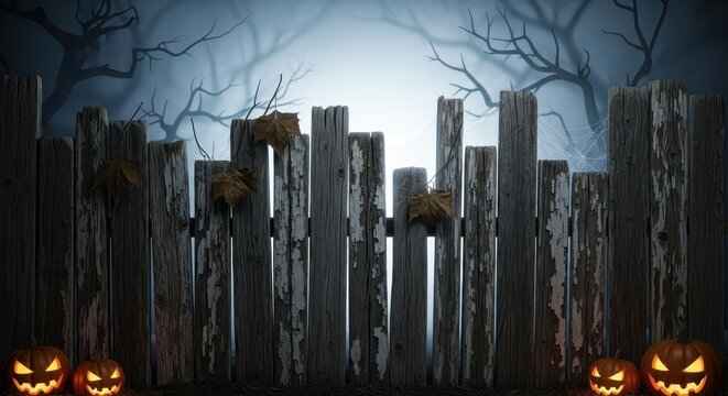 Spooky Halloween Fence With Pumpkins In Foggy Night Forest