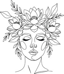 Symmetrical woman with lotus floral crown and abstract markings, black and white line art portrait for nature and beauty themes