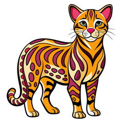 Stylized Illustration of a Colorful Exotic Cat on White
