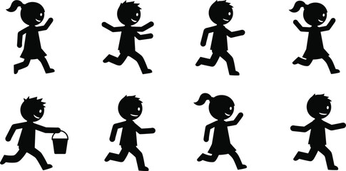 Children silhouette poses, walking, running, playful actions, bucket carrying, vector illustration, black graphic, editable icons, motion design, school theme