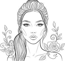 Stylized woman with wavy hair and roses, black and white line art for tattoo, fashion, coloring, and decorative design