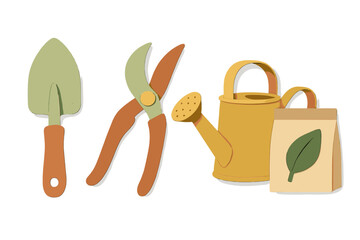 Gardening tools set featuring a trowel, pruning shears, watering can, and seed packet for spring planting and garden maintenance