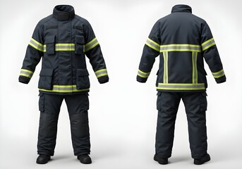 Front and back view of firefighter protective uniform with reflective safety stripes, insulated jacket, and pants isolated 