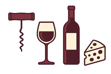 Red wine bottle, filled glass, corkscrew, and gourmet cheese slice, a classic pairing for a culinary experience