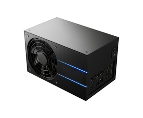 Obraz premium Black computer power supply unit with fan and blue led accents, isolated on transparent background