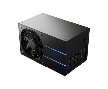 Black computer power supply unit with fan and blue led accents, isolated on transparent background