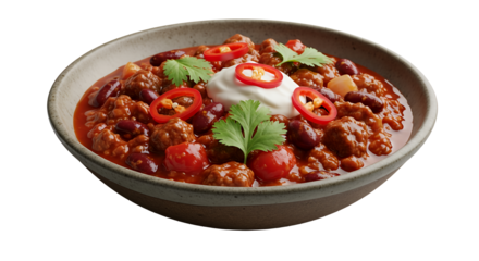 A delicious bowl of chili con carne, a hearty meat and bean stew, topped with sour cream, fresh cilantro, and sliced red chili peppers, isolated on a transparent background