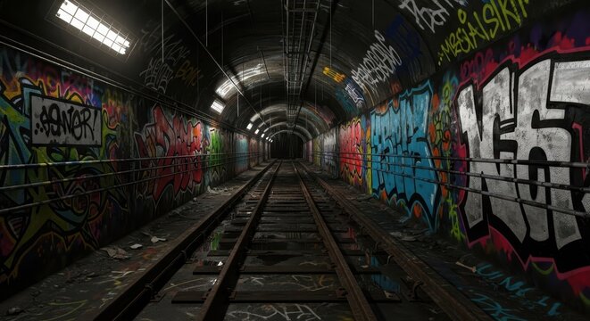 Urban Underground Tunnel Filled with Vibrant Graffiti Art and Abandoned Railway Tracks