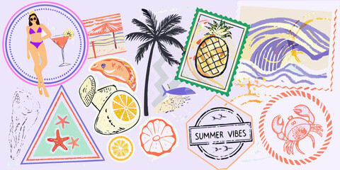Collection of summer vacation themed illustrations and stamps with beach elements and tropical fruits