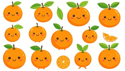 Cute cartoon oranges with happy faces and leaves