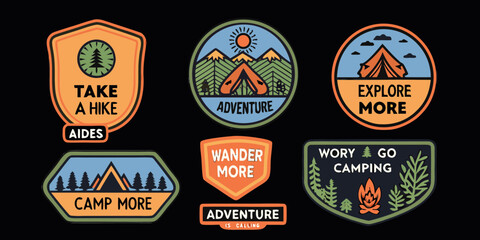 Naklejka premium Collection of retro style outdoor adventure patches with motivational slogans for hiking and camping