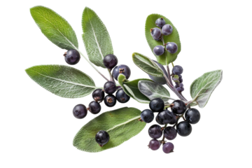 Fresh black currants and vibrant green leaves elegantly arranged for a nature-inspired display on a crisp white background isolated on transparent background