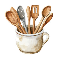 Wooden Kitchen Utensils In Ceramic Pot, watercolor vector, isolated on a white background.