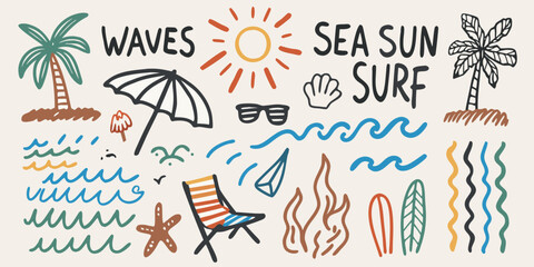 Obraz premium Hand drawn summer beach elements including palm trees sun waves surfboards and beach chair