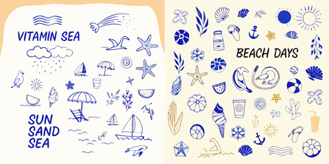 Obraz premium Collection of hand drawn beach and sea themed doodles and illustrations with vitamin sea and beach days text