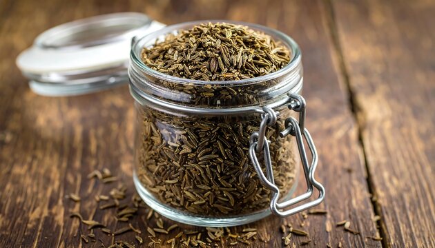 Jar of dried cumin seeds on a wooden table