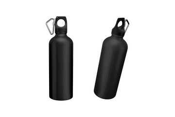 Reusable Stainless Steel Water Bottle. Black Metallic Sport bottle mockup isolated over background. 3d rendering.