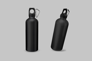 Reusable Stainless Steel Water Bottle. Black Metallic Sport bottle mockup isolated over background. 3d rendering.