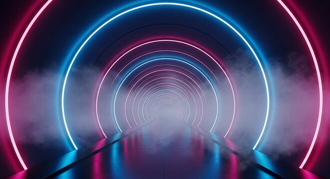 Futuristic tunnel with glowing neon rings and smoke, blue and pink lights