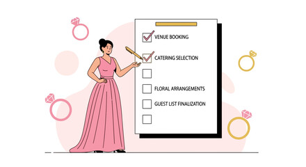 Wedding planner checking tasks on a list for a ceremony organization plan illustration