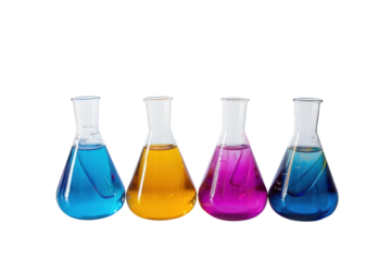 Vibrant laboratory experiment featuring colorful liquids in glass flasks displaying shades of blue, yellow, and pink isolated on transparent background