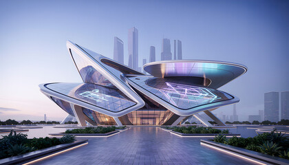 Futuristic architectural marvel with sleek glass and metallic surfaces glowing neon patterns and bold organic shapes standing against a skyline of towering skyscrapers at dusk