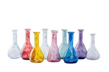Colorful laboratory glassware arranged artistically on a clean surface, showcasing vibrant hues against a minimalist background isolated on transparent background