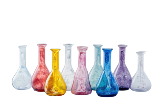 Colorful laboratory glassware arranged artistically on a clean surface, showcasing vibrant hues against a minimalist background isolated on transparent background