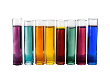 Colorful test tubes filled with vibrant liquids create a captivating display of hues showcasing scientific exploration and creativity isolated on transparent background