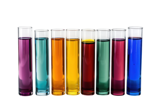 Colorful test tubes filled with vibrant liquids create a captivating display of hues showcasing scientific exploration and creativity isolated on transparent background - Powered by Adobe