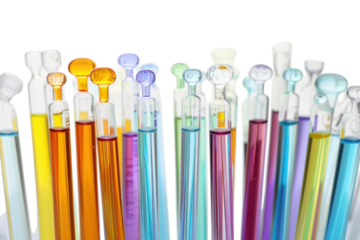 A vibrant display of colorful test tubes filled with various liquids set against a bright background in a laboratory environment isolated on transparent background