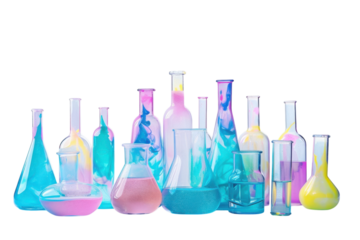 A vibrant collection of glass beakers and flasks filled with colorful liquids in a bright laboratory setting isolated on transparent background