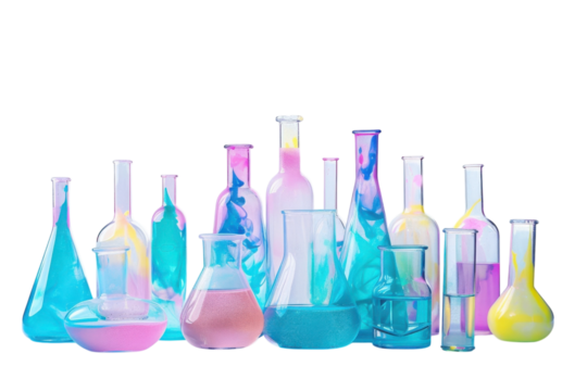 A vibrant collection of glass beakers and flasks filled with colorful liquids in a bright laboratory setting isolated on transparent background