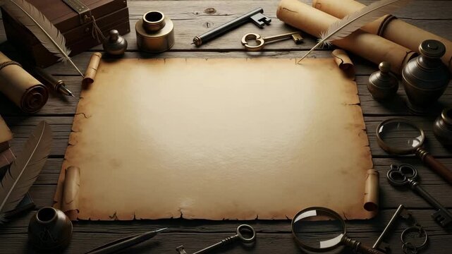 Old paper scroll surrounded by antique writing tools and keys on a wooden surface top down view
