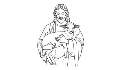 Obraz premium Jesus Christ holding a lamb, line art drawing