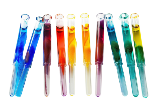 Colorful laboratory test tubes filled with vibrant liquids resting against a clean white background during a scientific experiment isolated on transparent background
