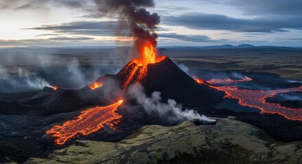 Fototapeta premium Fiery Volcano Eruption Spewing Lava and Smoke Across the Landscape