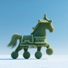 A whimsical, stylized horse, crafted from lush green foliage, moves across a snowy plain against a pale blue sky.