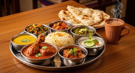 Delicious Indian Thali Meal With Various Curries Rice And Naan Bread