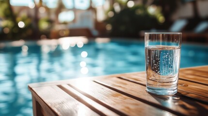 Refreshing glass of water sits on a wooden table by a bright blue pool in the sunlight during a warm afternoon