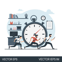 People running against time, represented by a large stopwatch.