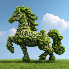 A vibrant, artistic depiction of a horse sculpted from lush green foliage, showcasing intricate floral designs.