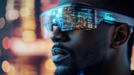 Fototapeta premium Futuristic man with smart glasses displaying digital data in a vibrant urban setting at night