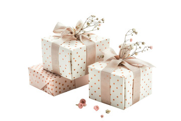 Obraz premium Beautifully wrapped gift boxes adorned with delicate floral accents on a minimalistic background isolated on transparent background