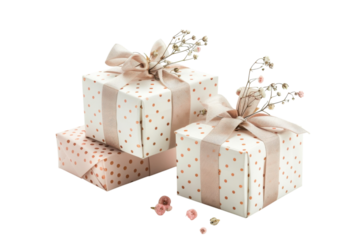 Beautifully wrapped gift boxes adorned with delicate floral accents on a minimalistic background isolated on transparent background