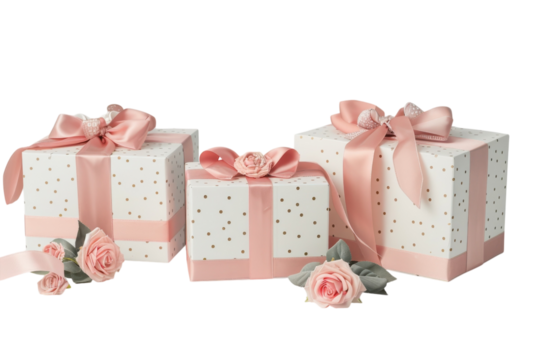 Charming gift boxes adorned with delicate pink ribbons and roses on a soft background, perfect for celebrations and special occasions isolated on transparent background